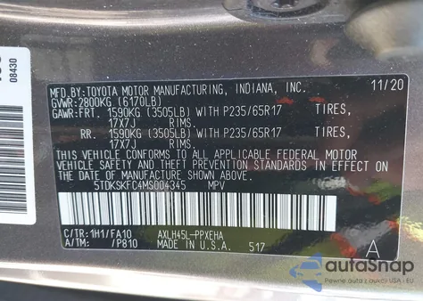 2021 Toyota Sienna Le z USA, uszkodzony, nr VIN 5TDKSKFC4MS004345